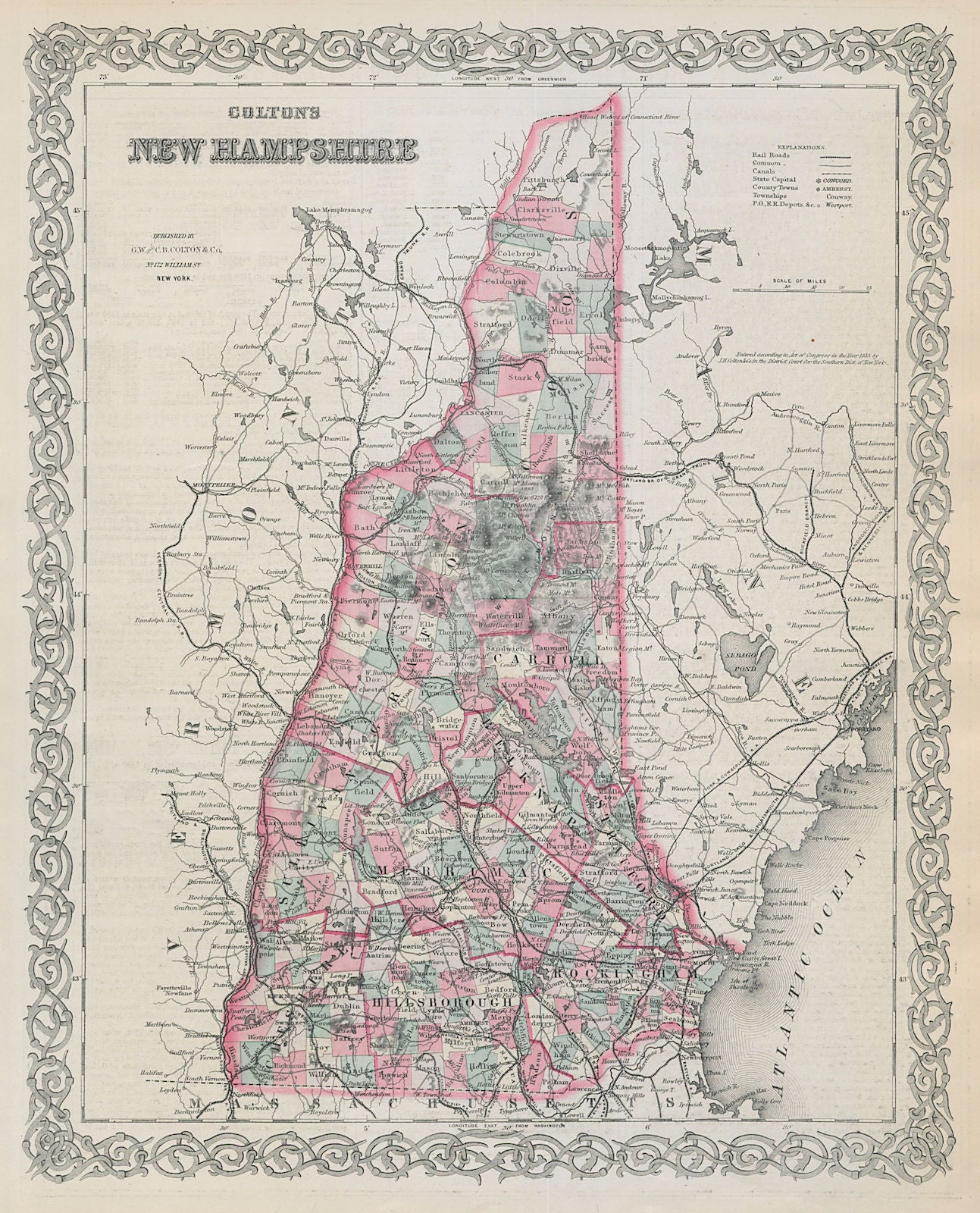 Colton's New Hampshire. Decorative antique US state map 1869 old